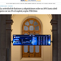 La actividad de fusiones y adquisiciones sube un 10% hasta abril pero cae un 3% el capital, segn TTR Data